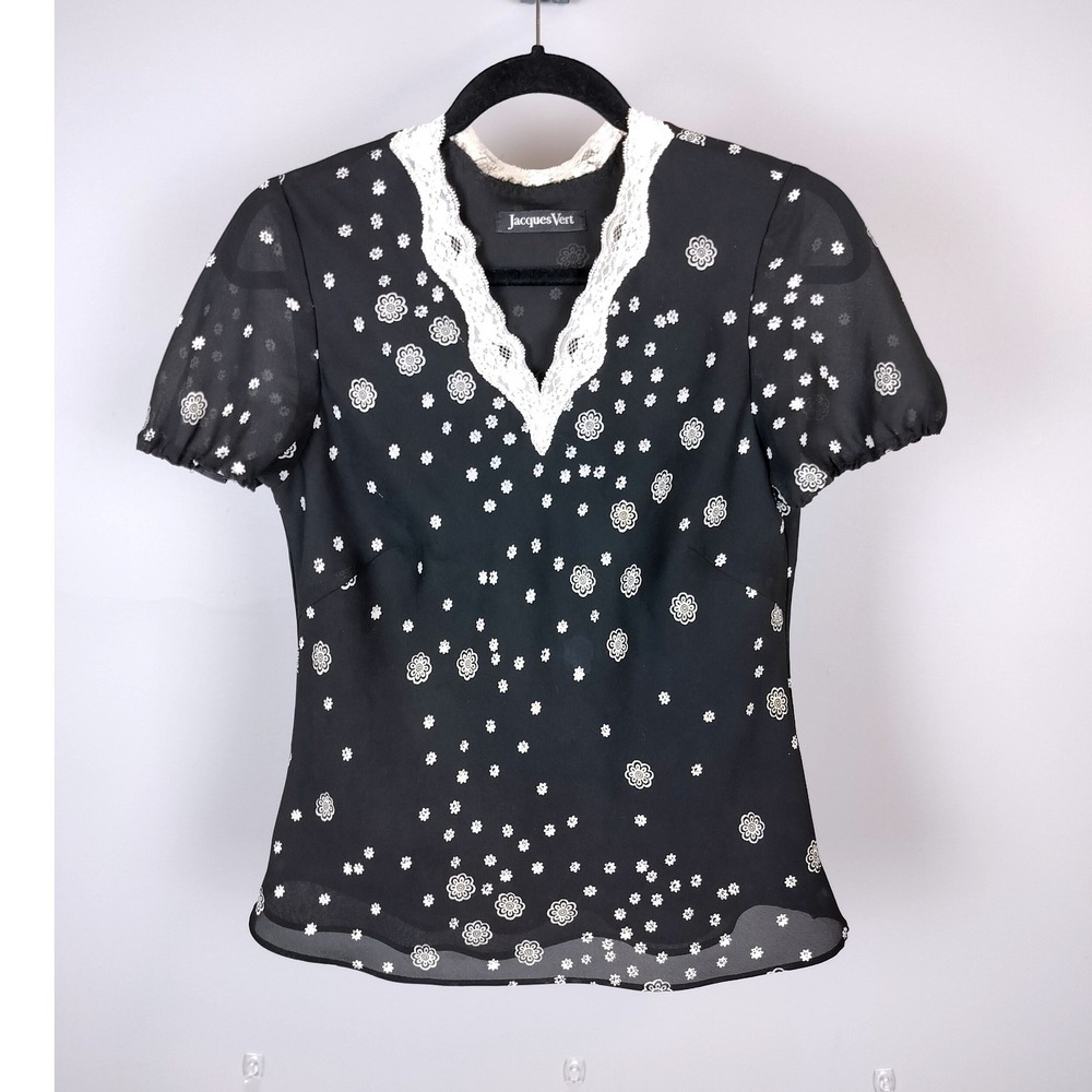 Jacques Vert Lace Trim Chiffon Floral Blouse Black White Puff Sleeve Top - Picture 2 of 7
